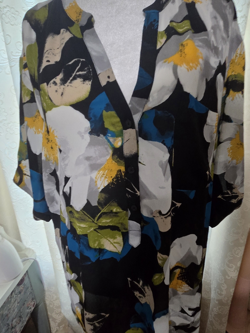 Worthington Black Floral V-Neck Button Tunic with Blue and Yellow Accents